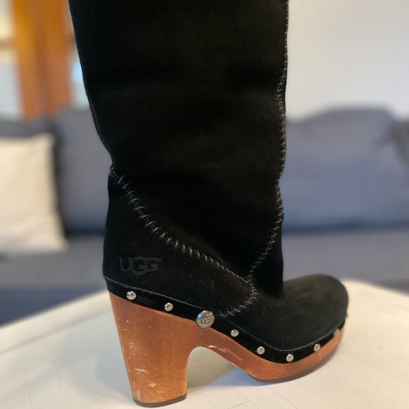 SOLD - UGG Lillian Tall Black Suede Shearling Kneehigh Studded Clogs Size 6 - Picture 6 of 10
